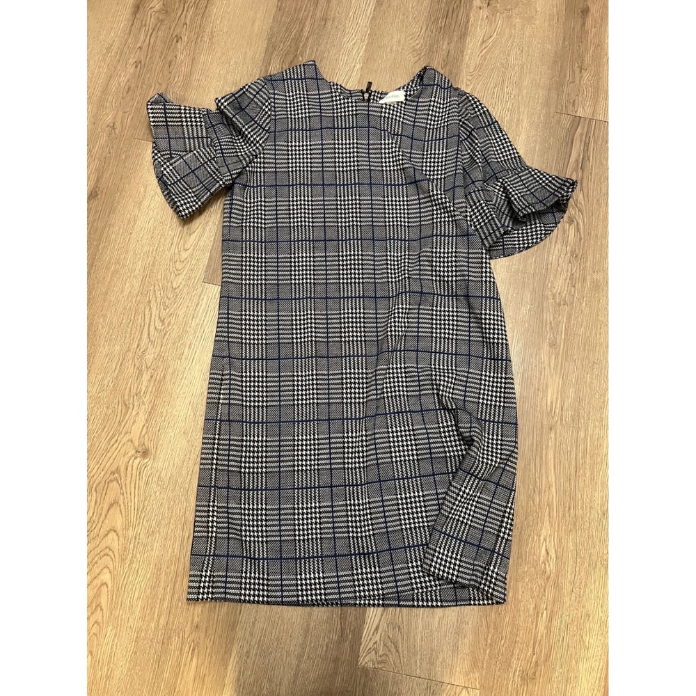 Calvin Klein Womens Glen Plaid Ruffle Sleeve Shift Dress Black White Blue 6